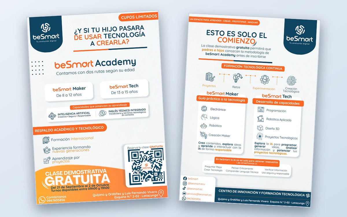 Flyer de beSmart Academy, frente y reverso, para imprimir y publicar como post
